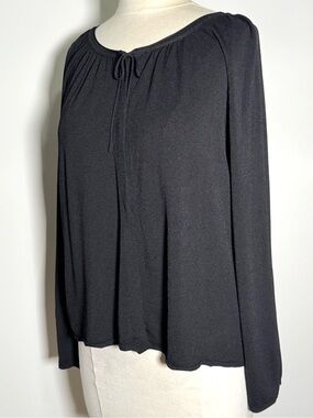 George Black Viscose Knit Top XL 16/18 Keyhole Tie Neck Long Sleeve Blouse